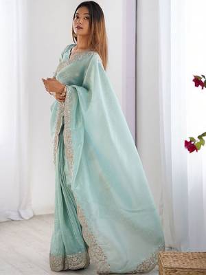 Green tissue silk sequence embroideried border blouse piece & sarees 3