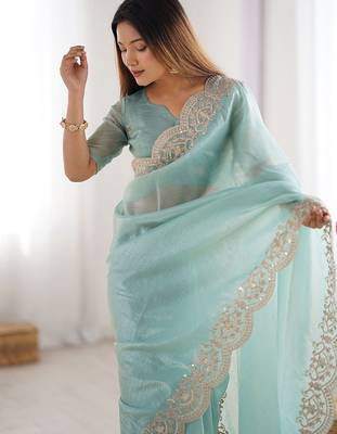 Green tissue silk sequence embroideried border blouse piece & sarees 4
