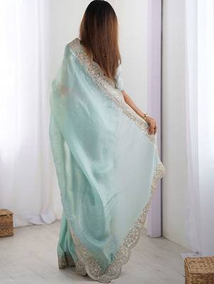 Green tissue silk sequence embroideried border blouse piece & sarees 5