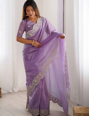 Purple tissue silk sequence embroideried border blouse piece & sarees 1