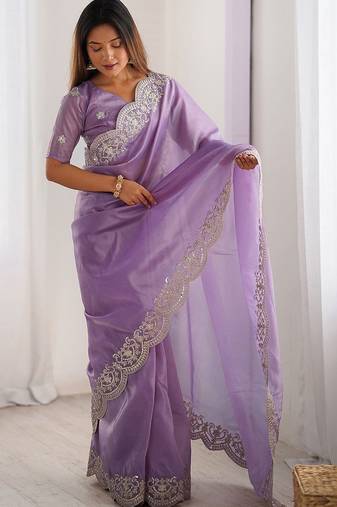 Purple tissue silk sequence embroideried border blouse piece & sarees