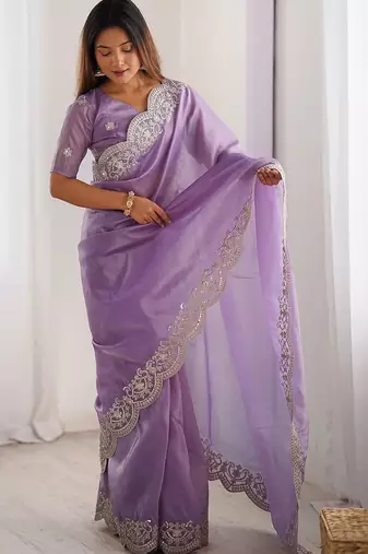 Purple tissue silk sequence embroideried border blouse piece & sarees