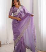 Purple tissue silk sequence embroideried border blouse piece & sarees