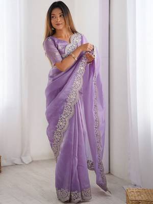 Purple tissue silk sequence embroideried border blouse piece & sarees 2