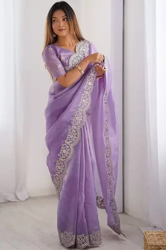 Purple tissue silk sequence embroideried border blouse piece & sarees