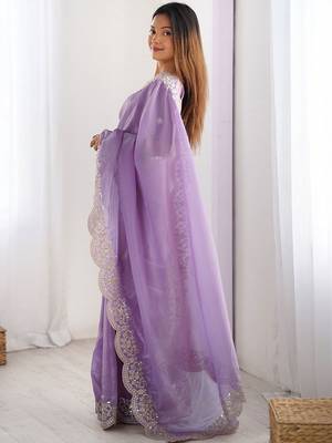 Purple tissue silk sequence embroideried border blouse piece & sarees 3