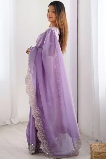 Purple tissue silk sequence embroideried border blouse piece & sarees