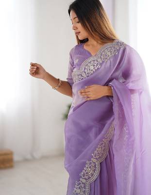 Purple tissue silk sequence embroideried border blouse piece & sarees 4