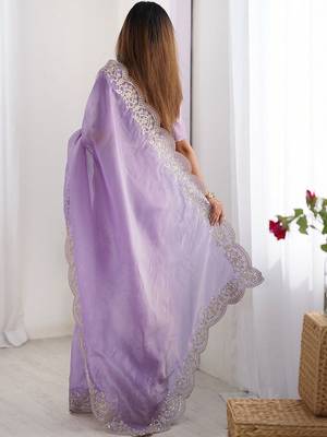 Purple tissue silk sequence embroideried border blouse piece & sarees 5