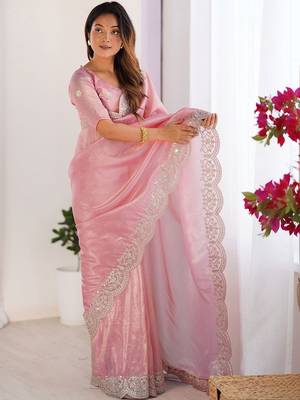 Pink tissue silk sequence embroideried border blouse piece & sarees 1