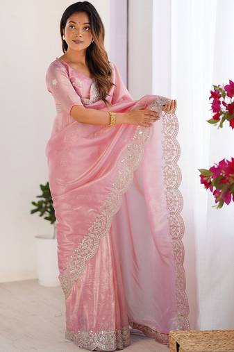 Pink tissue silk sequence embroideried border blouse piece & sarees