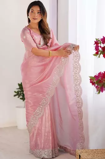 Pink tissue silk sequence embroideried border blouse piece & sarees