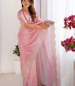 Pink tissue silk sequence embroideried border blouse piece & sarees