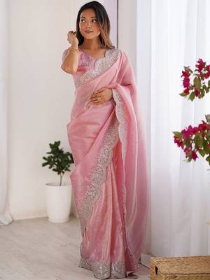 Pink tissue silk sequence embroideried border blouse piece & sarees 2