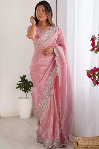 Pink tissue silk sequence embroideried border blouse piece & sarees