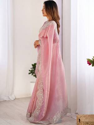 Pink tissue silk sequence embroideried border blouse piece & sarees 3