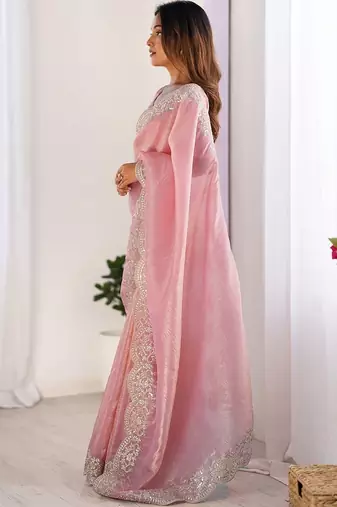 Pink tissue silk sequence embroideried border blouse piece & sarees