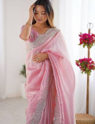 Pink tissue silk sequence embroideried border blouse piece & sarees 4