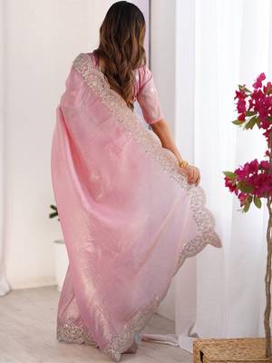 Pink tissue silk sequence embroideried border blouse piece & sarees 5
