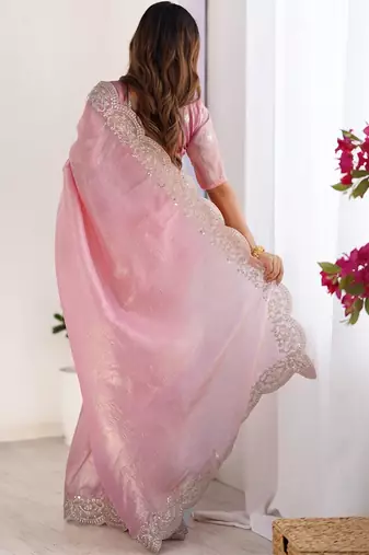 Pink tissue silk sequence embroideried border blouse piece & sarees