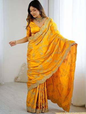 Yellow embroidered sarees blouse piece 4