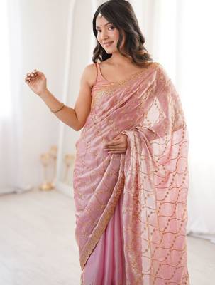 Pink embellished zari tissue saree 2