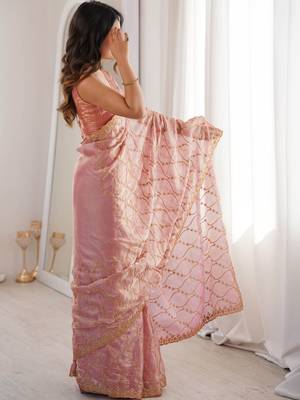 Pink embellished zari tissue saree 4