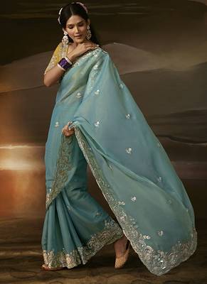 Sky blue zari organza with gotta patti  aari work designer saree 1