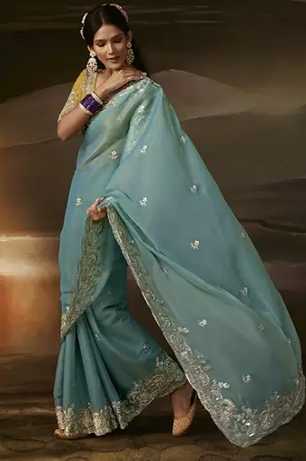 Sky blue zari organza with gotta patti  aari work designer saree
