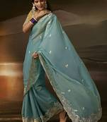 Sky blue zari organza with gotta patti  aari work designer saree