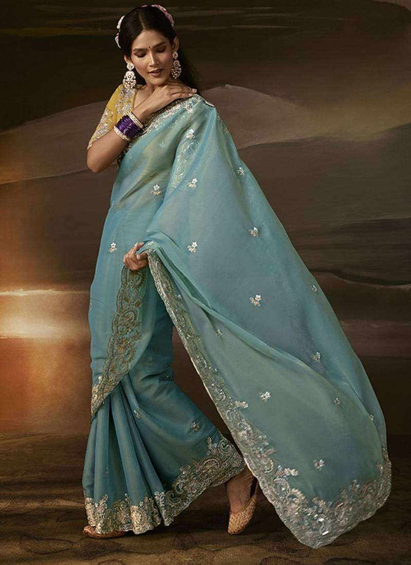 Sky blue zari organza with gotta patti  aari work designer saree