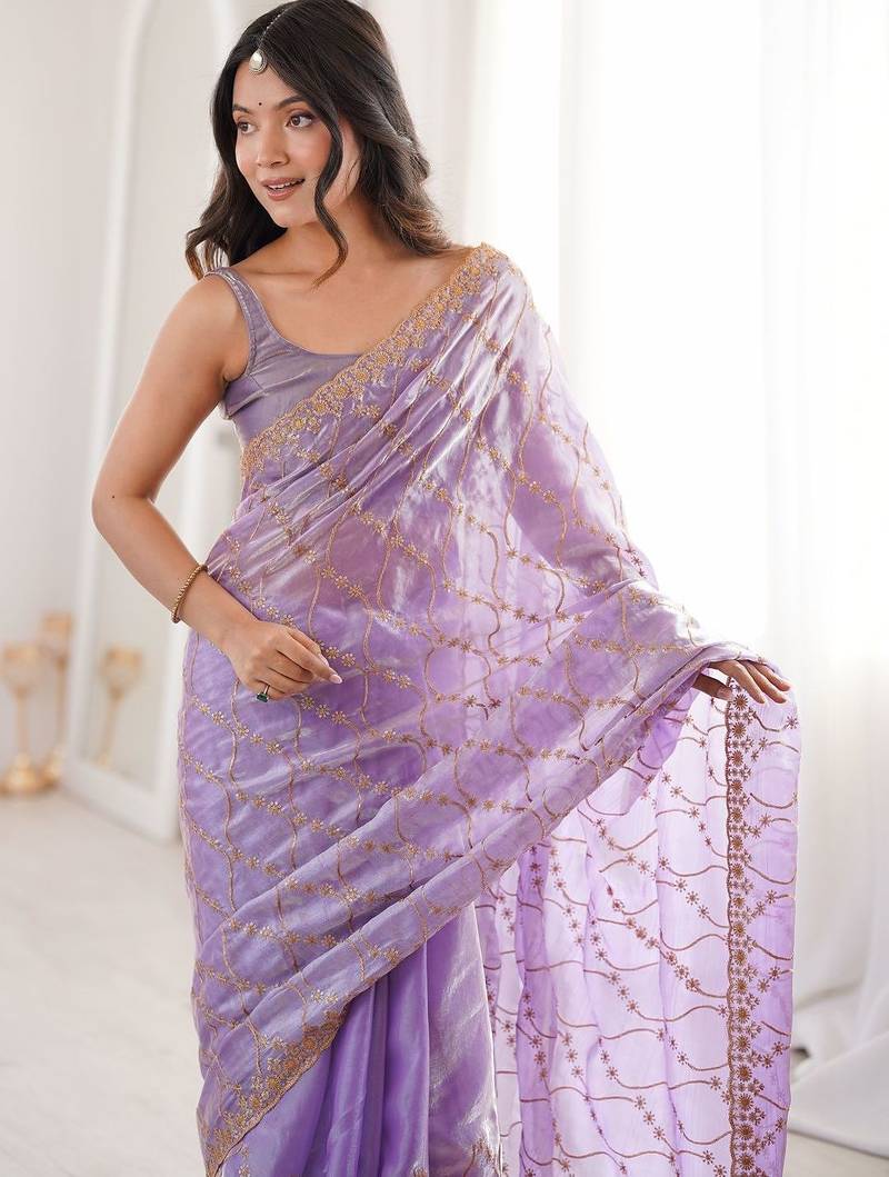 Lavender embellished zari tissue designer saree
