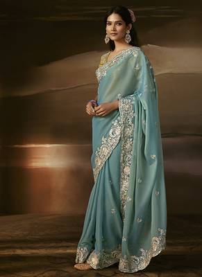 Sky blue zari organza with gotta patti  aari work designer saree 2