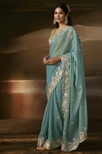 Sky blue zari organza with gotta patti  aari work designer saree