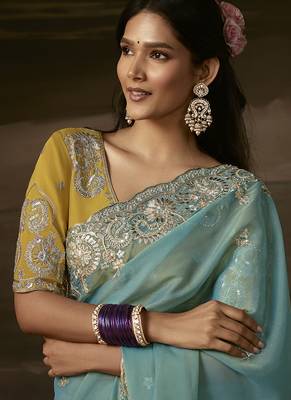 Sky blue zari organza with gotta patti  aari work designer saree 3