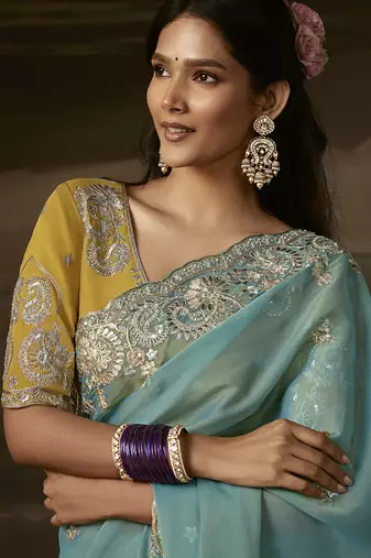 Sky blue zari organza with gotta patti  aari work designer saree