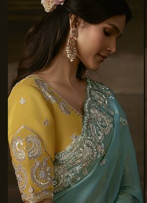 Sky blue zari organza with gotta patti  aari work designer saree 4
