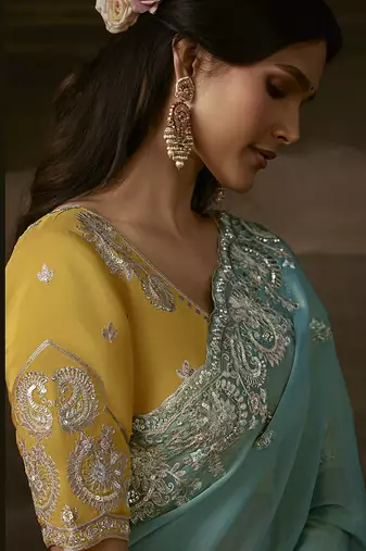 Sky blue zari organza with gotta patti  aari work designer saree
