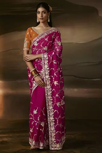 Rani pink zari organza with gotta patti  aari work designer saree