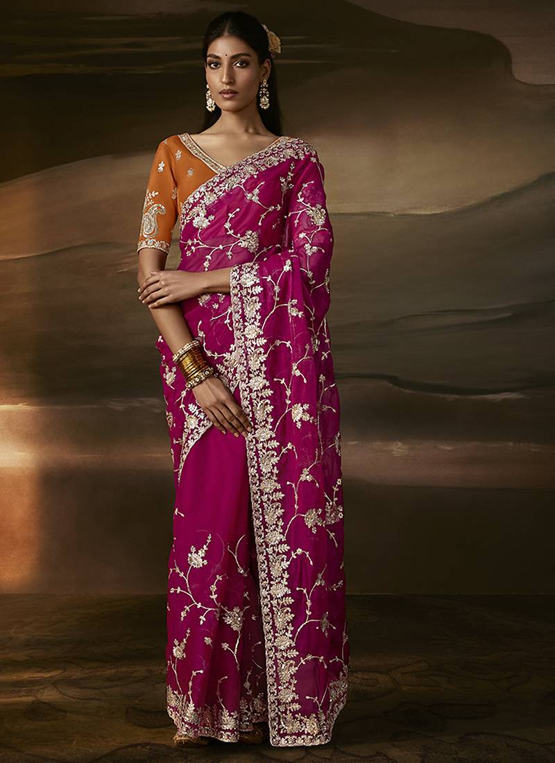 Rani pink zari organza with gotta patti  aari work designer saree
