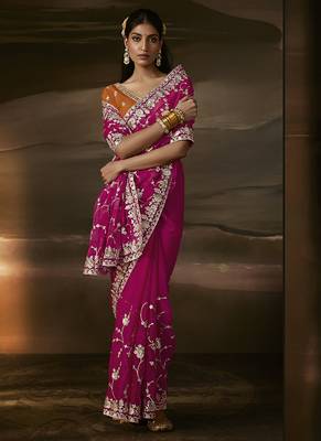 Rani pink zari organza with gotta patti  aari work designer saree 2