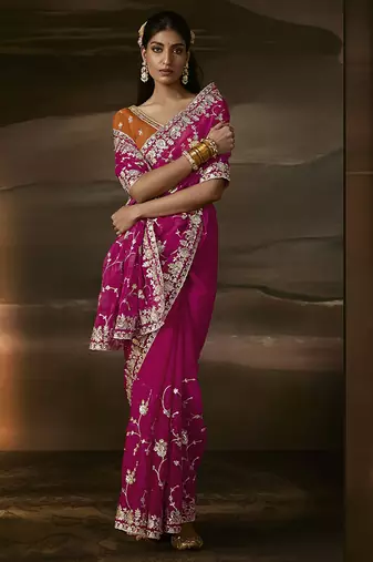 Rani pink zari organza with gotta patti  aari work designer saree