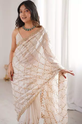 Cream embellished zari tissue designer saree