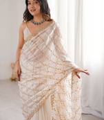 Cream embellished zari tissue designer saree