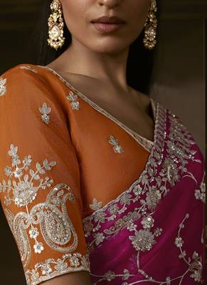 Rani pink zari organza with gotta patti  aari work designer saree 3