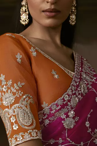 Rani pink zari organza with gotta patti  aari work designer saree