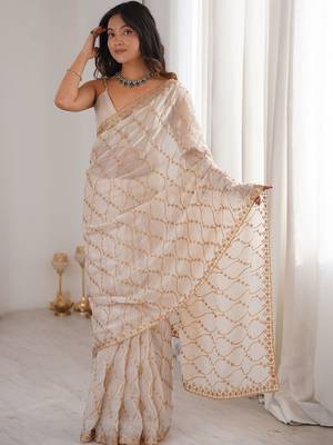 Cream embellished zari tissue designer saree 2