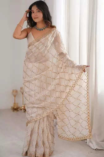 Cream embellished zari tissue designer saree