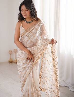 Cream embellished zari tissue designer saree 4