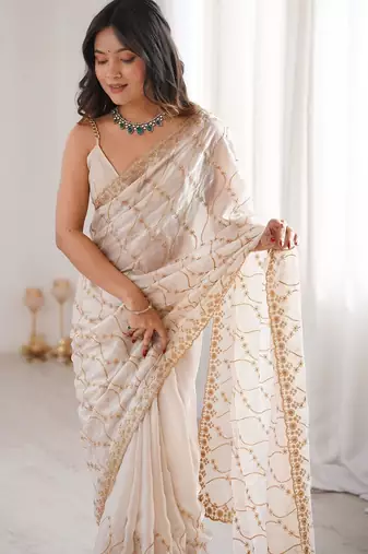 Cream embellished zari tissue designer saree